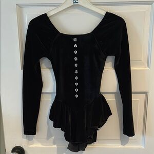 Black Velvet Long Sleeve leotard skate dress with rhinestone flowers
